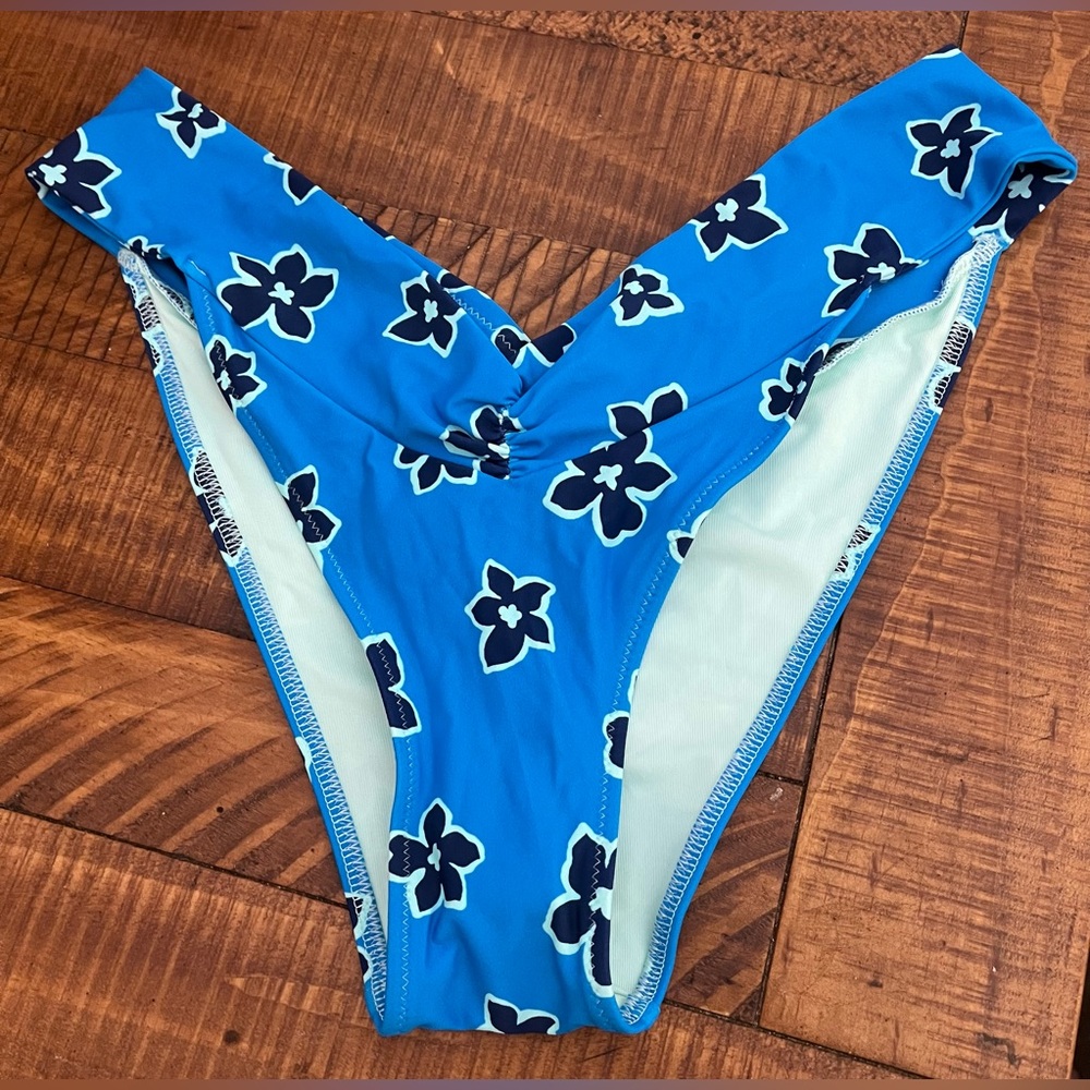NWT Aerie Super High Cut Cheekiest Ruched Bikini Bottom in Blue - Size L